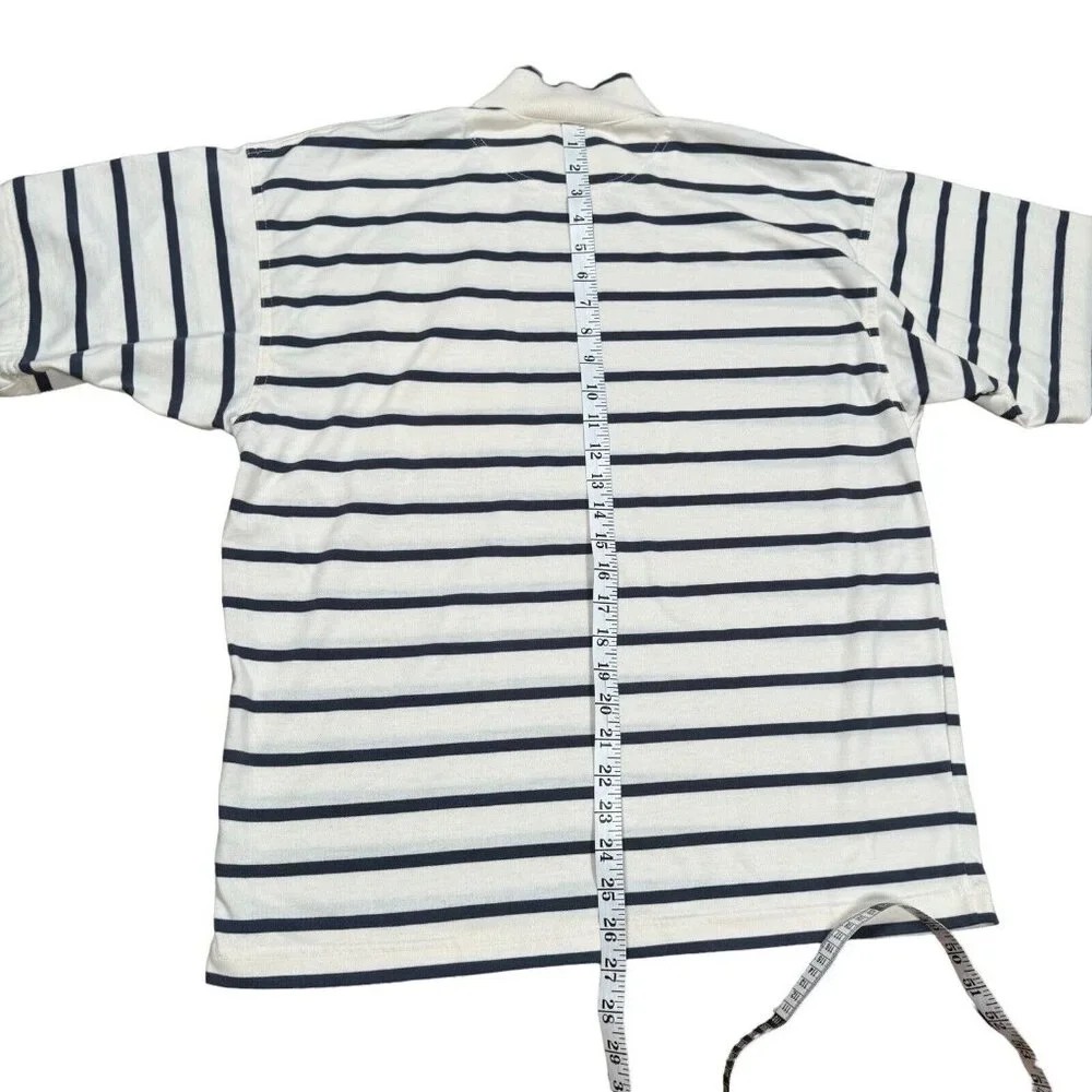 Vintage Nike‎ Gray Tag Striped Collared T-Shirt w Pocket Sz L in Cream, Navy